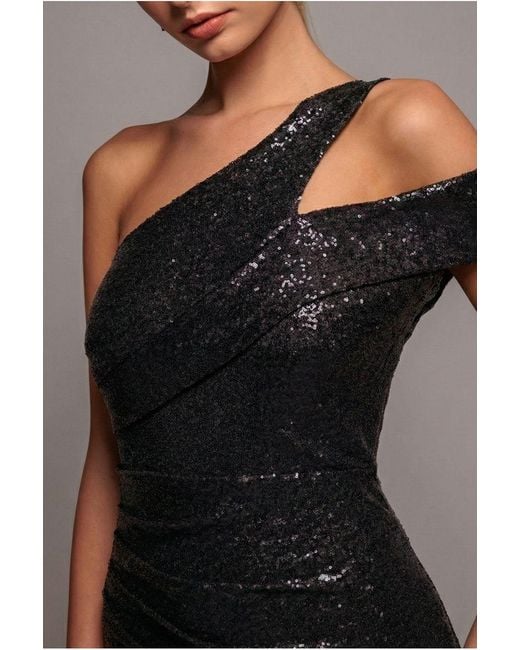 Goddiva Black One Shoulder Sequin Evening Maxi