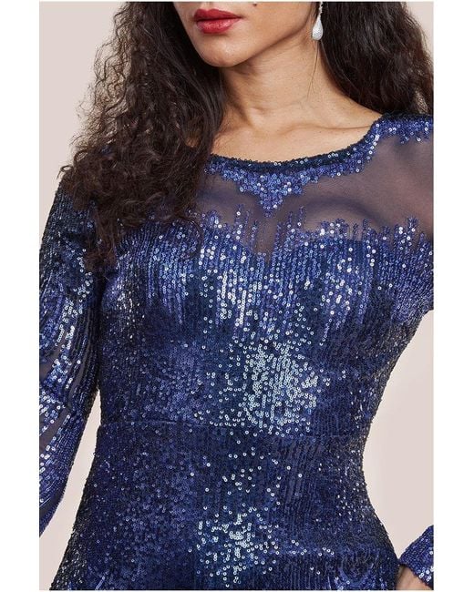 Goddiva Blue Long Sleeve Aztec Sequin Maxi Dress