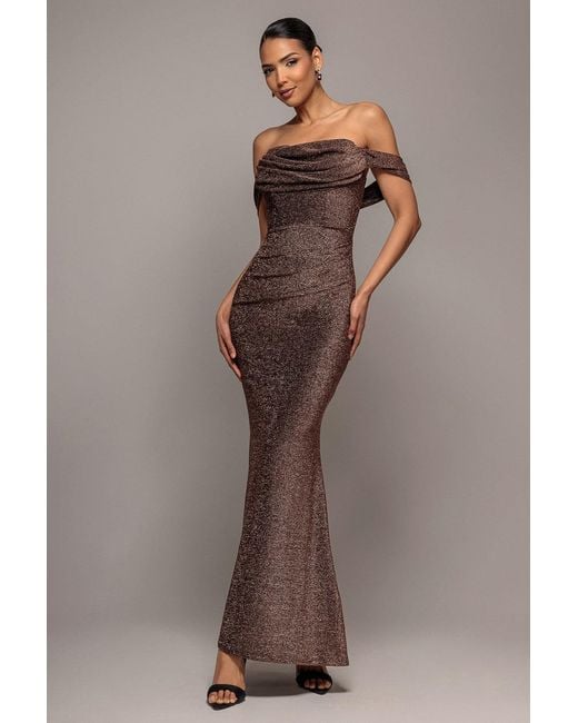Goddiva Brown Lurex Cowl Neck Off The Shoulder Maxi Dress