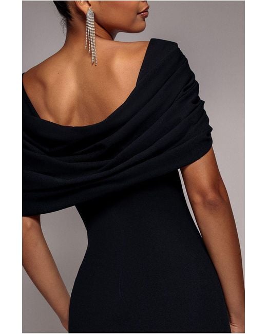 Goddiva Black V Neck Cowl Back Pleated Sleeve Scuba Maxi Dress