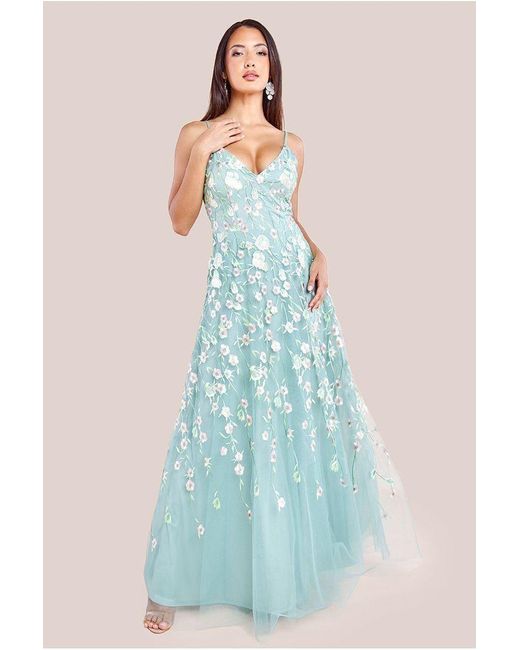 Goddiva Blue Sleeveless Floral Mesh Maxi Dress