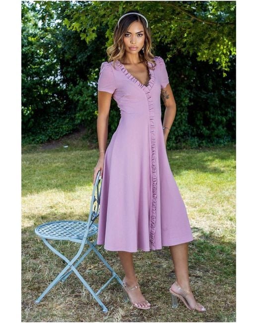 Goddiva Green Front Frill Flared Scuba Midi Dress