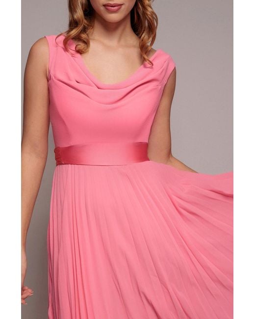 Goddiva Red Cowl Neck Pleated A-Line Chiffon Midi Dress