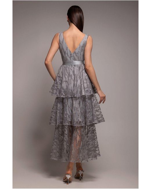 Goddiva Gray Embroidered Mesh Tiered Midi Dress