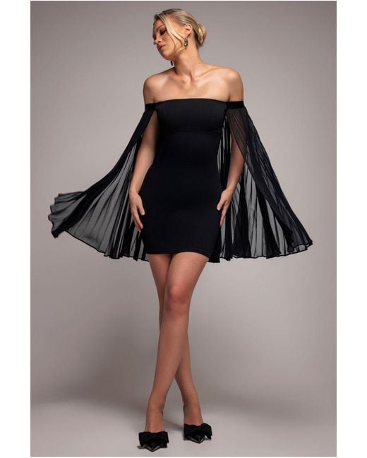 Goddiva Black Strapless Mini Dress With Pleated Chiffon Cape