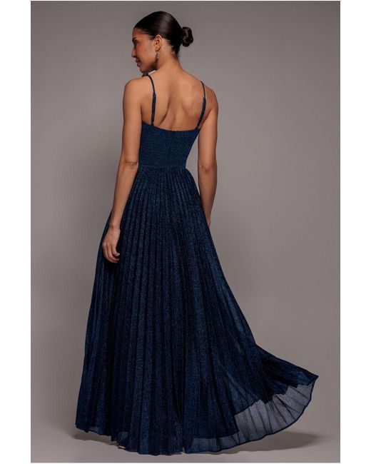 Goddiva Blue Sleeveless Pleated A Line Lurex Maxi Dress