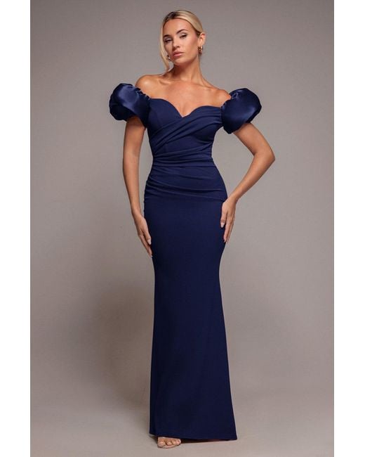 Goddiva Blue Puffy Satin Sleeve Scuba Maxi Dress