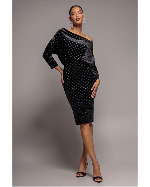 Goddiva Black Glitter Velvet Cowl Neck Sheath Midi Dress