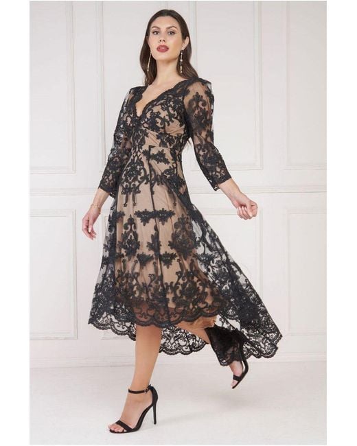Goddiva Black Scalloped Lace Dipped Hem Midi Dress