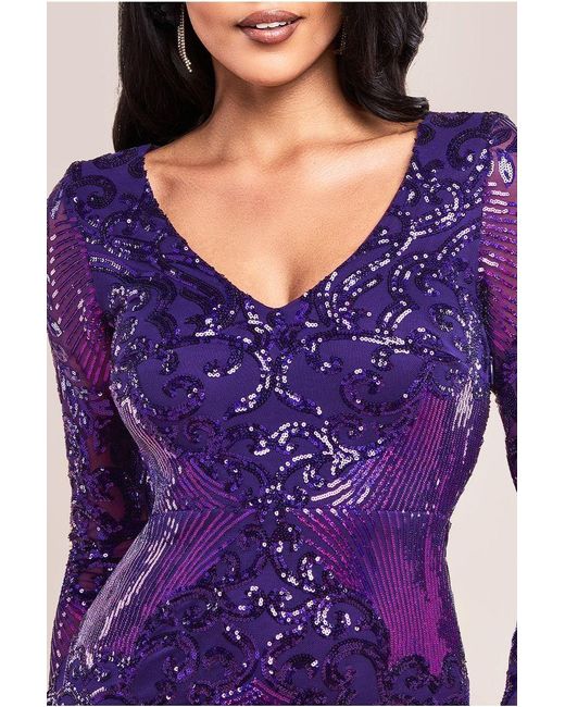 Goddiva Purple Contrast Sequin Long Sleeve Midi Dress