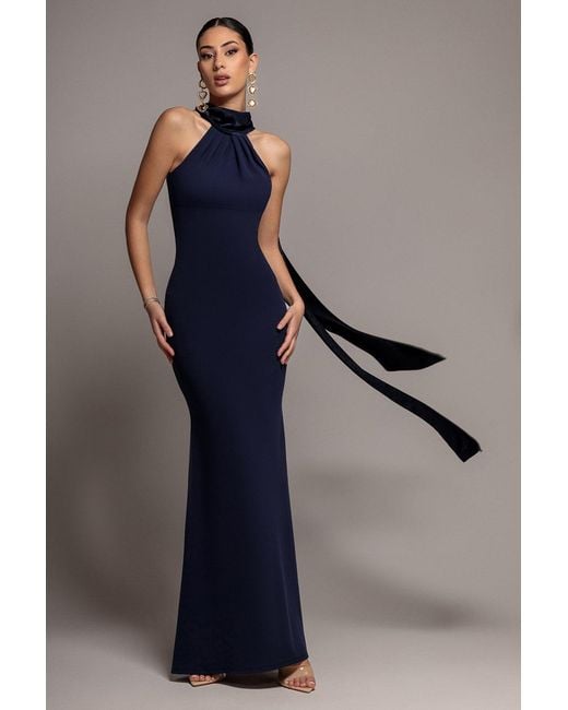 Goddiva Blue Scuba & Soft Satin Halterneck Maxi Dress With Back Sash