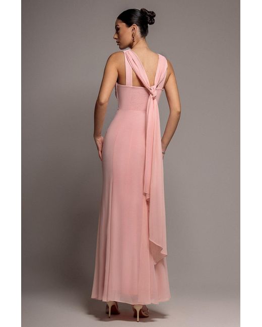 Goddiva Pink Cross Front Scarf Back Chiffon Mermaid Maxi Dress