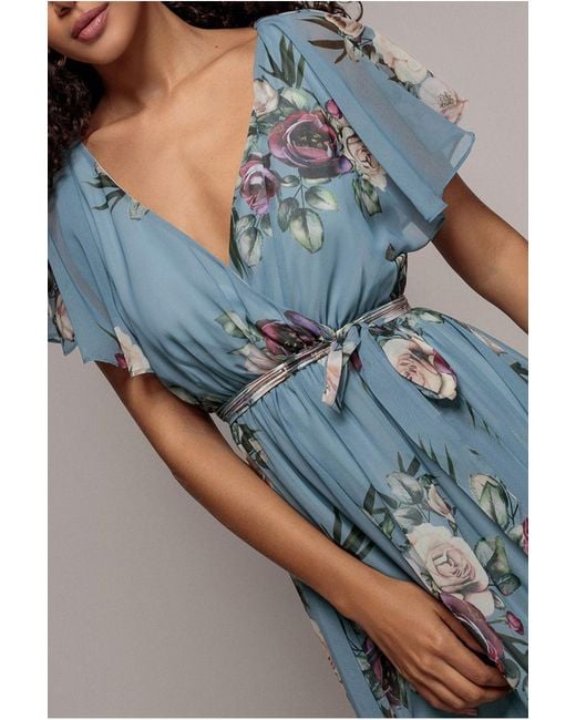 Goddiva Blue Floral Printed Flutter Sleeve Chiffon Midi Dress