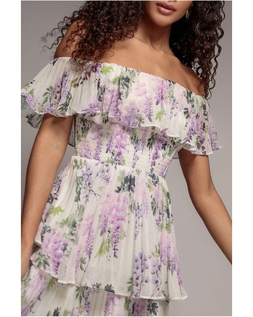 Goddiva Pink Shirred Chiffon Floral Bardot Midi