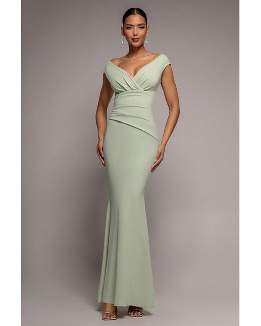 Goddiva Gray Bardot Pleated Maxi Dress