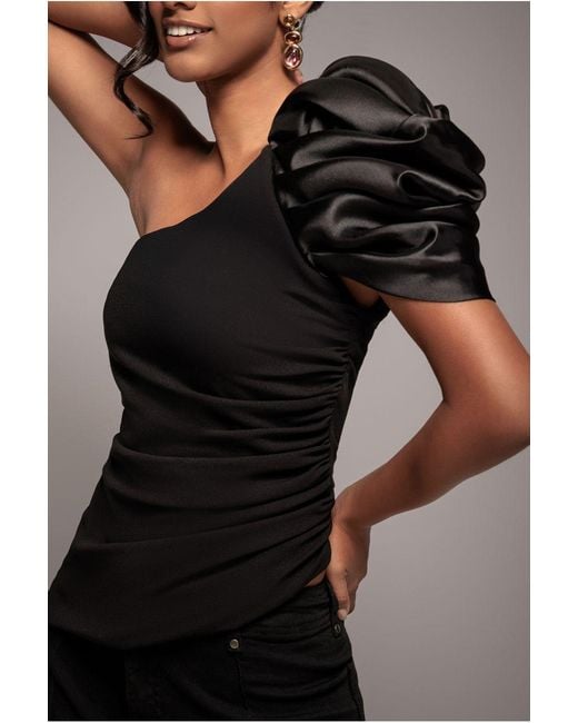 Goddiva Gray One Shoulder Puffed Satin Sleeve Asymmetric Scuba Top