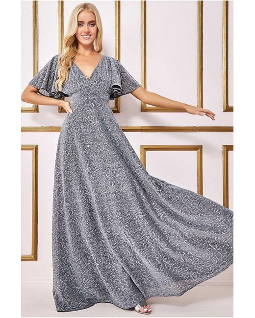 Goddiva Sequin Lurex Flutter Sleeve Maxi Dress in Gray Lyst