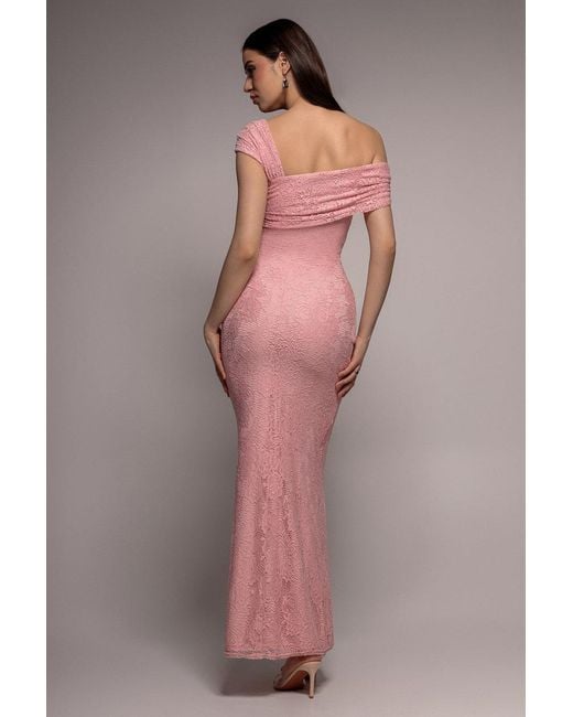 Goddiva Pink One Shoulder Pleated Bardot Lace Maxi Dress