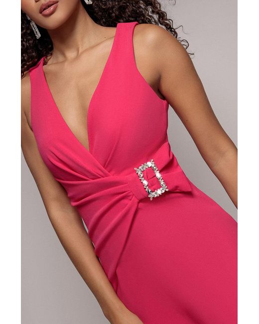 Goddiva Pink Buckle Plunge Bow Detail Jumpsuit