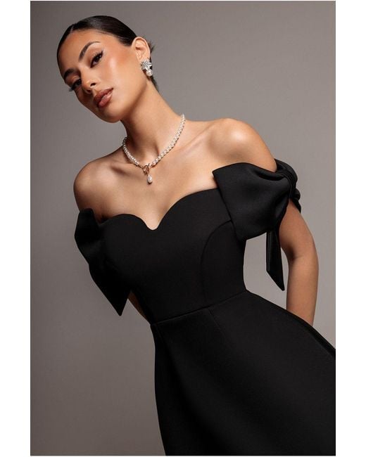 Goddiva Gray Bardot Plunge Neck Bow Sleeve Skater Mini Dress