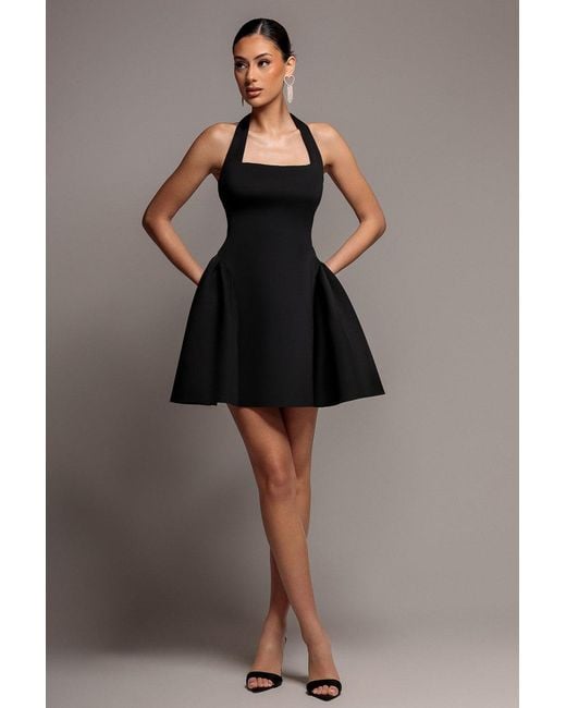 Goddiva Brown Corset Fit And Flare Halter Neck Skater Mini Dress