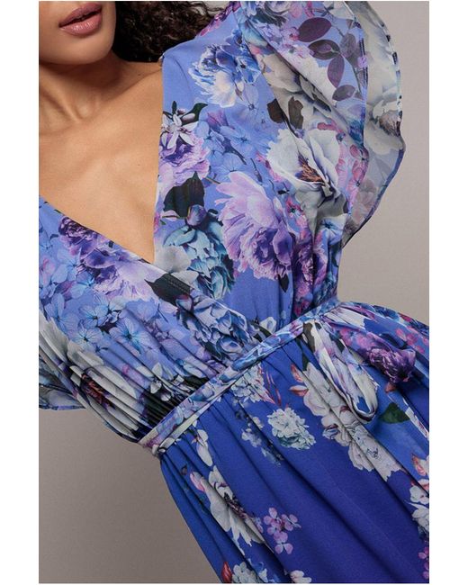Goddiva Blue Flutter Sleeve A-Line Chiffon Floral Printed Midi Dress
