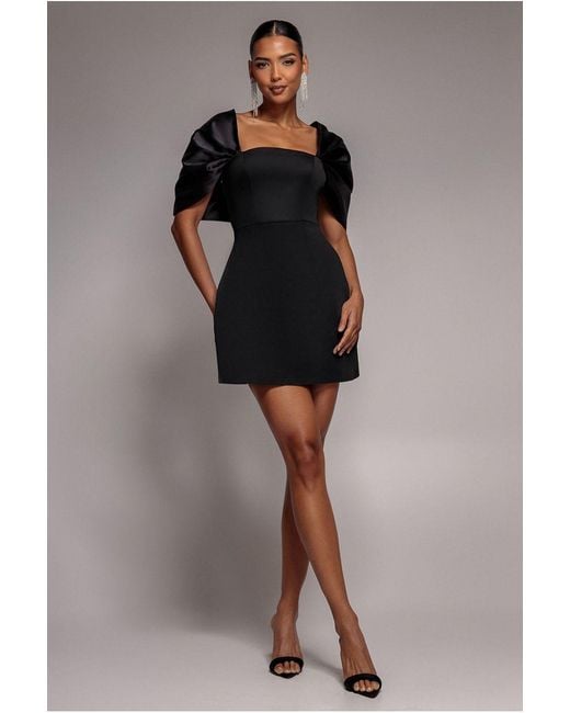 Goddiva Gray Off Shoulder Back Satin Bow Scuba Mini Dress