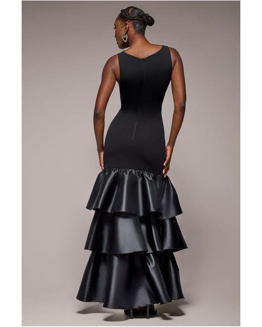 Goddiva Blue Boat Neck Satin & Scuba Crepe Tiered Maxi Dress