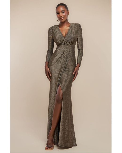 Goddiva Natural Front Wrap Lurex Bodycon Maxi Dress