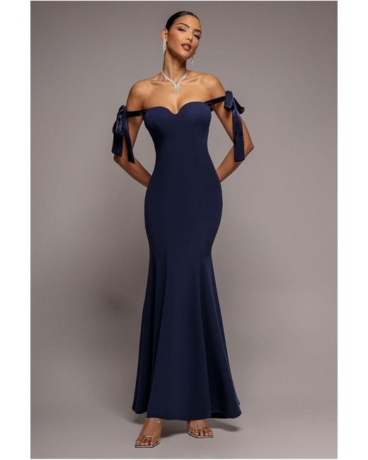 Goddiva Blue Multiway Bow Soft Satin Sweetheart Maxi Dress