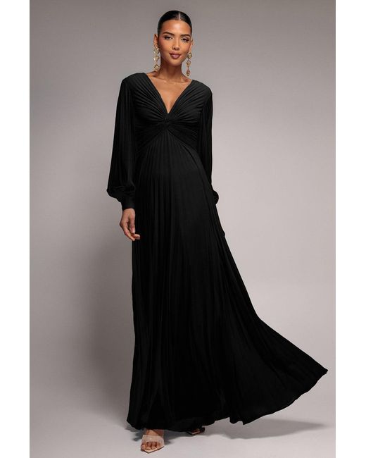 Goddiva Black Fully Pleated Chiffon Maxi Dress