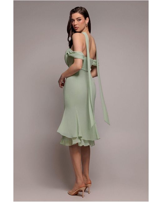 Goddiva Natural Chiffon Cowl Off Shoulder Wing Tiered Midi Dress