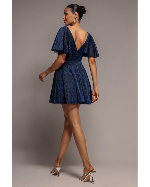 Goddiva Blue Sparkle Lurex Wrap Mini Skater Dress