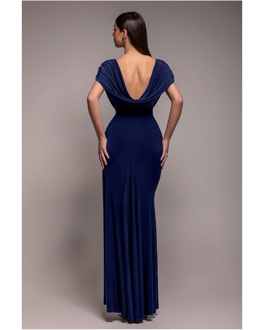 Goddiva Blue Cowl Plunge Draped Mermaid Maxi Dress