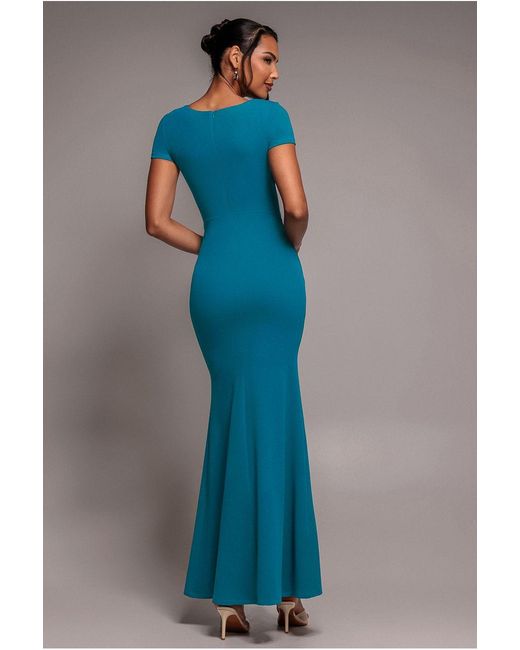 Goddiva Blue Scuba Crepe Twist Cutout Maxi Dress