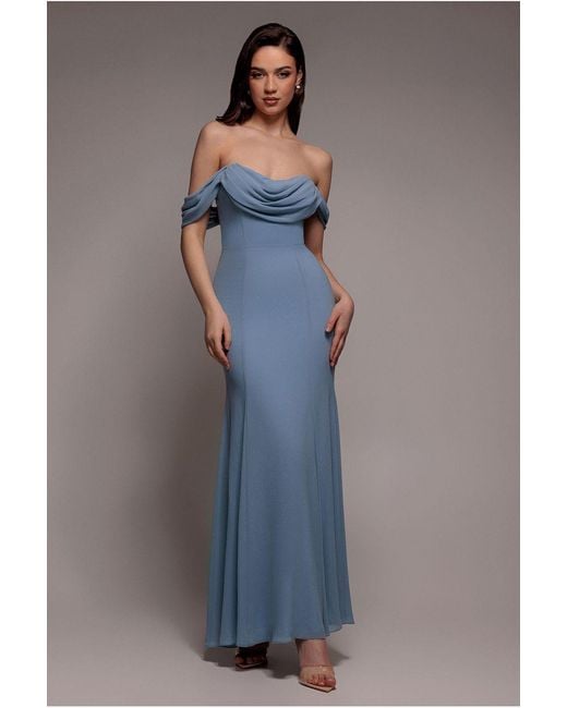 Goddiva Blue Chiffon Bardot Cowl Neck Maxi Dress