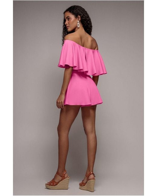 Goddiva Pink Off The Shoulder Frill Neck Skater Romper