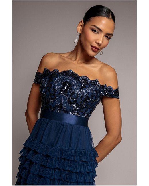 Goddiva Blue Scallop Bardot Ruffle Mesh Maxi