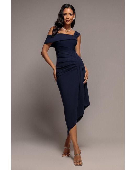 Goddiva Blue Off Shoulder Pleated Waist Asymmetric Midaxi Dress