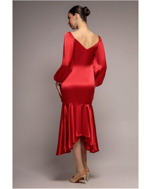 Goddiva Red Satin Viscose Front Buttoned Dipped Hem Midi