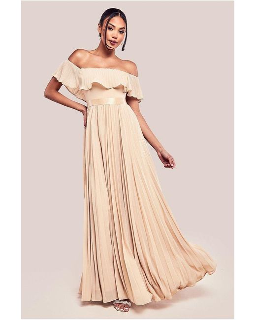 Goddiva Natural Pleated Chiffon Off Shoulder Maxi Dress
