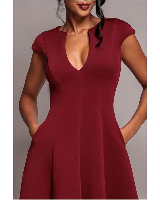 Goddiva Red Cap Sleeve Plunging V-Neckline A-Line Midi Dress