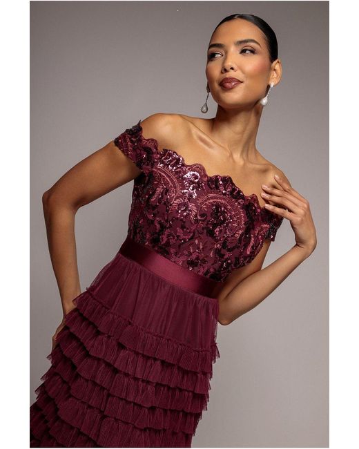 Goddiva Red Scallop Bardot Ruffle Mesh Maxi