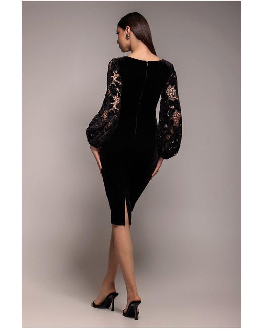 Goddiva Black Square Neck Scalloped Crochet Sleeve Velvet Midi Dress