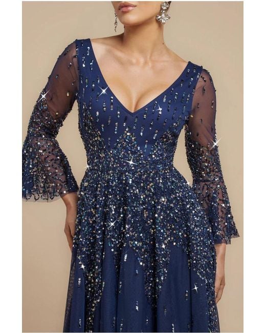 Goddiva Blue Sunray Hand Embellished Sequin A-Line Bell Sleeve Maxi Dress