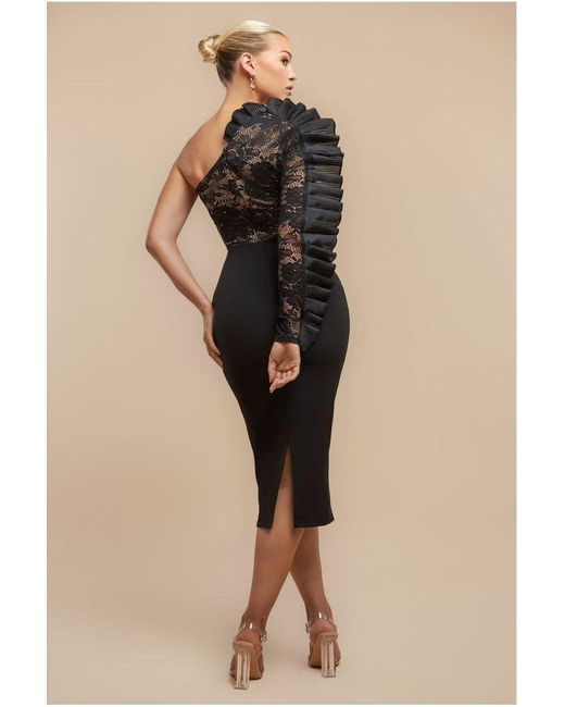 Goddiva Black One Shoulder Organza Fan Detail Lace Bodice Midi Dress