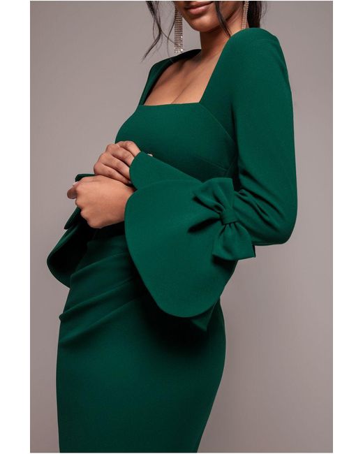 Goddiva Green Petal Bow Sleeve Frill Midi Dress