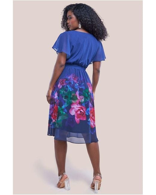 Goddiva Blue Chiffon Floral Border Print Midi Dress
