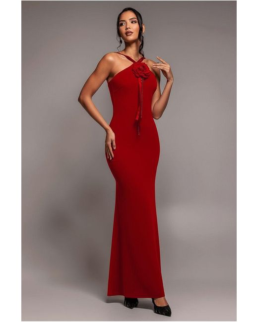 Goddiva Red Racer Neck Corsage Scuba Maxi