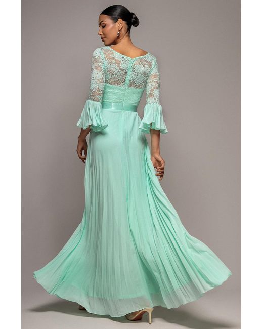 Goddiva Green Scalloped Lace Bodice Pleated Chiffon A Line Maxi Dress